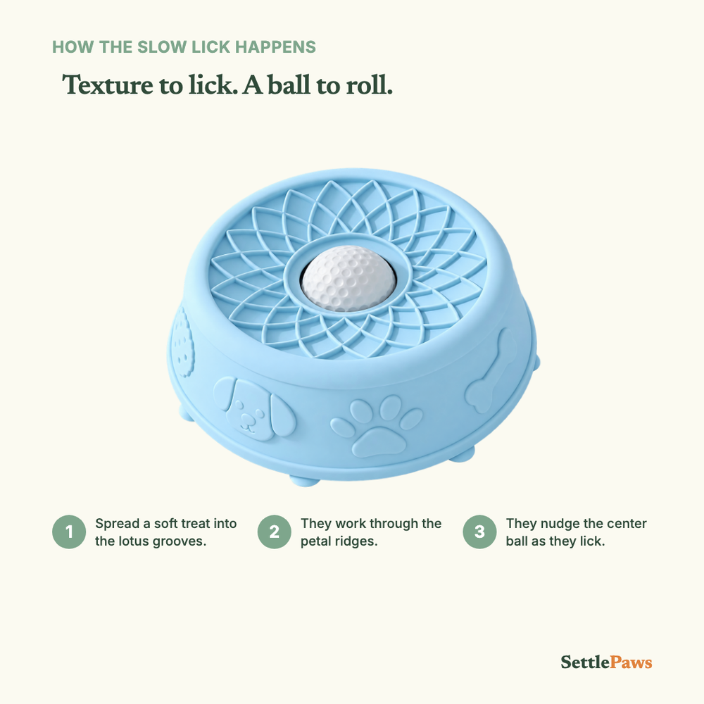 Silicone lotus lick bowl with raised petal grooves and a central rolling ball