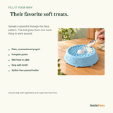 Soft treat being spread into the powder-blue silicone lotus lick bowl with a spoon