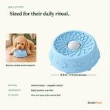 6.9 in (17.5 cm) silicone lotus lick bowl shown beside a dog for scale