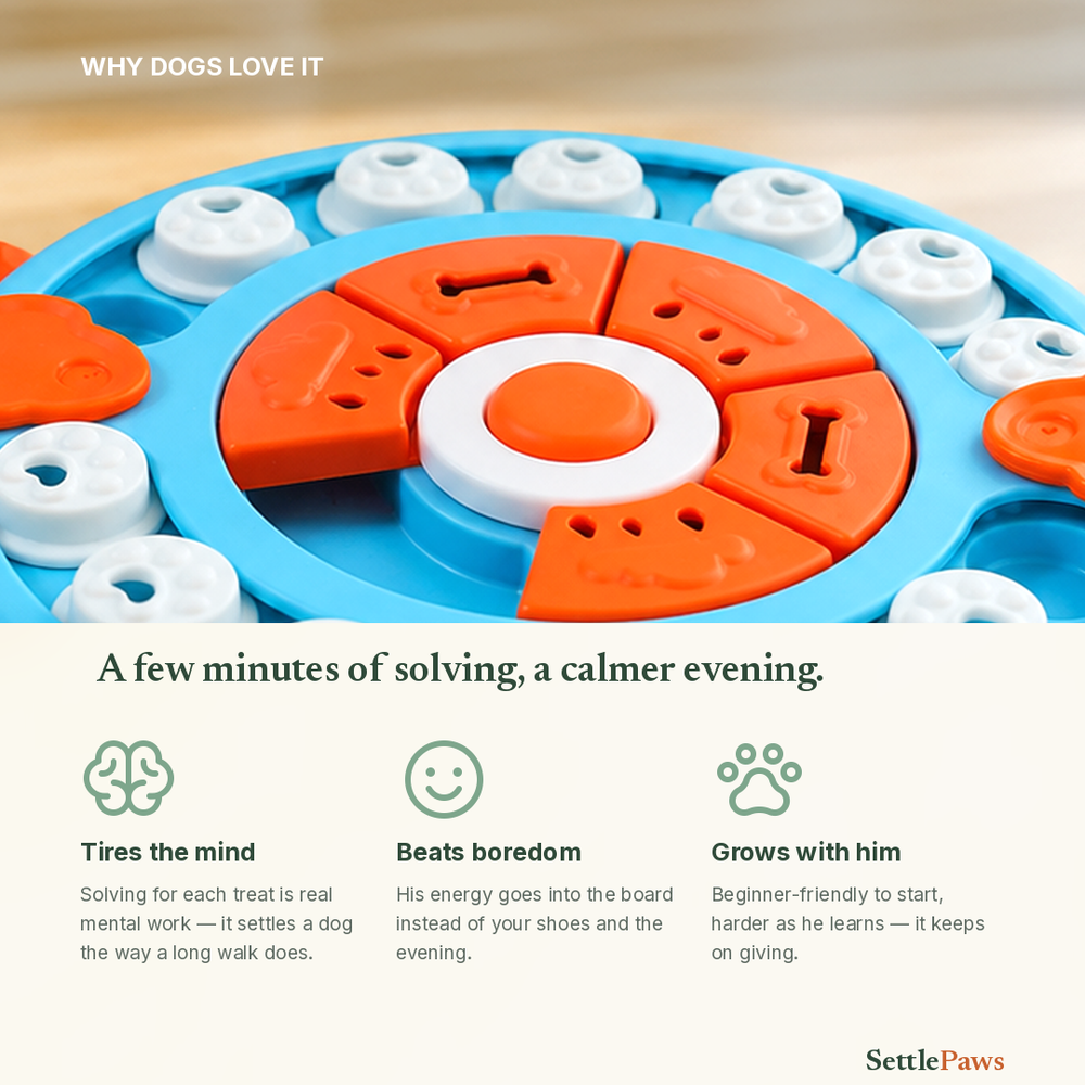 Close-up of the puzzle board's white paw-print lids and orange spinning center